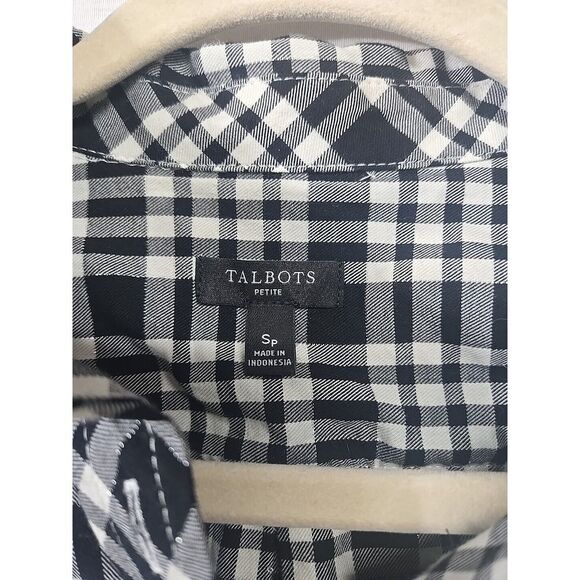 Talbots Women's S Petite Long Sleeve Button Up White/Black‎ Plaid Metallic Plaid - Picture 3 of 7